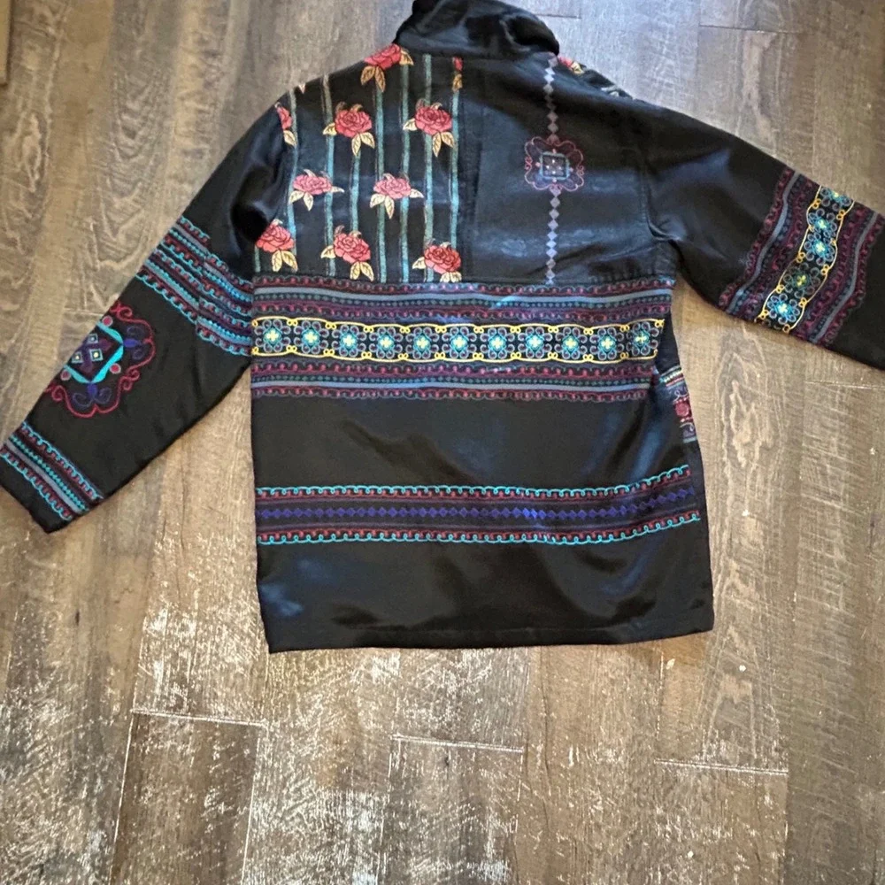 Chicos Design Vintage Silk Embroidered Jacquard Jacket Black Floral Boho Size 1
